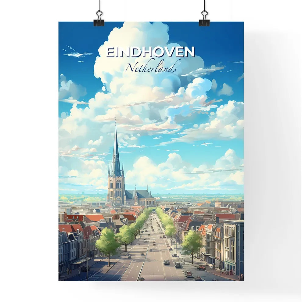 Eindhoven Netherlands Skyline - A City With A Tall Tower And A Road With Trees - Customizable Travel Gift Default Title