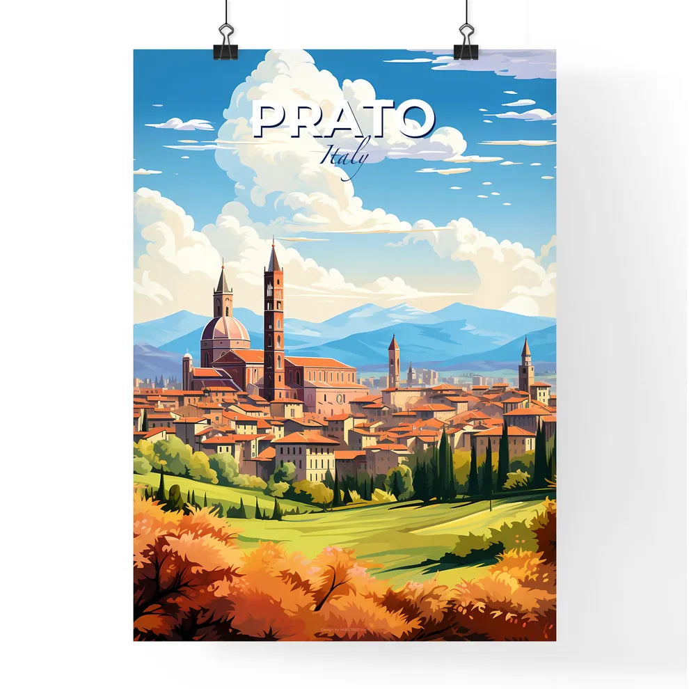 Prato Italy Skyline - A Landscape Of A Town With Trees And Mountains - Customizable Travel Gift Default Title