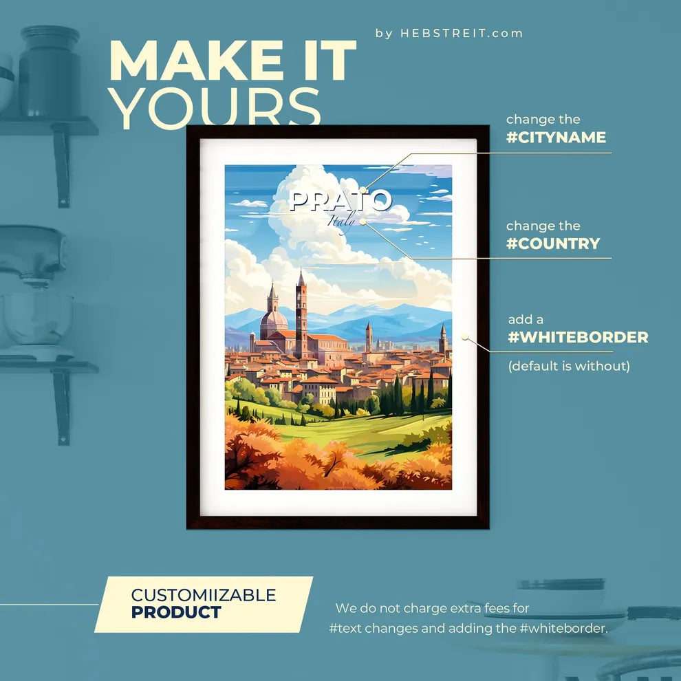 Prato Italy Skyline - A Landscape Of A Town With Trees And Mountains - Customizable Travel Gift Default Title