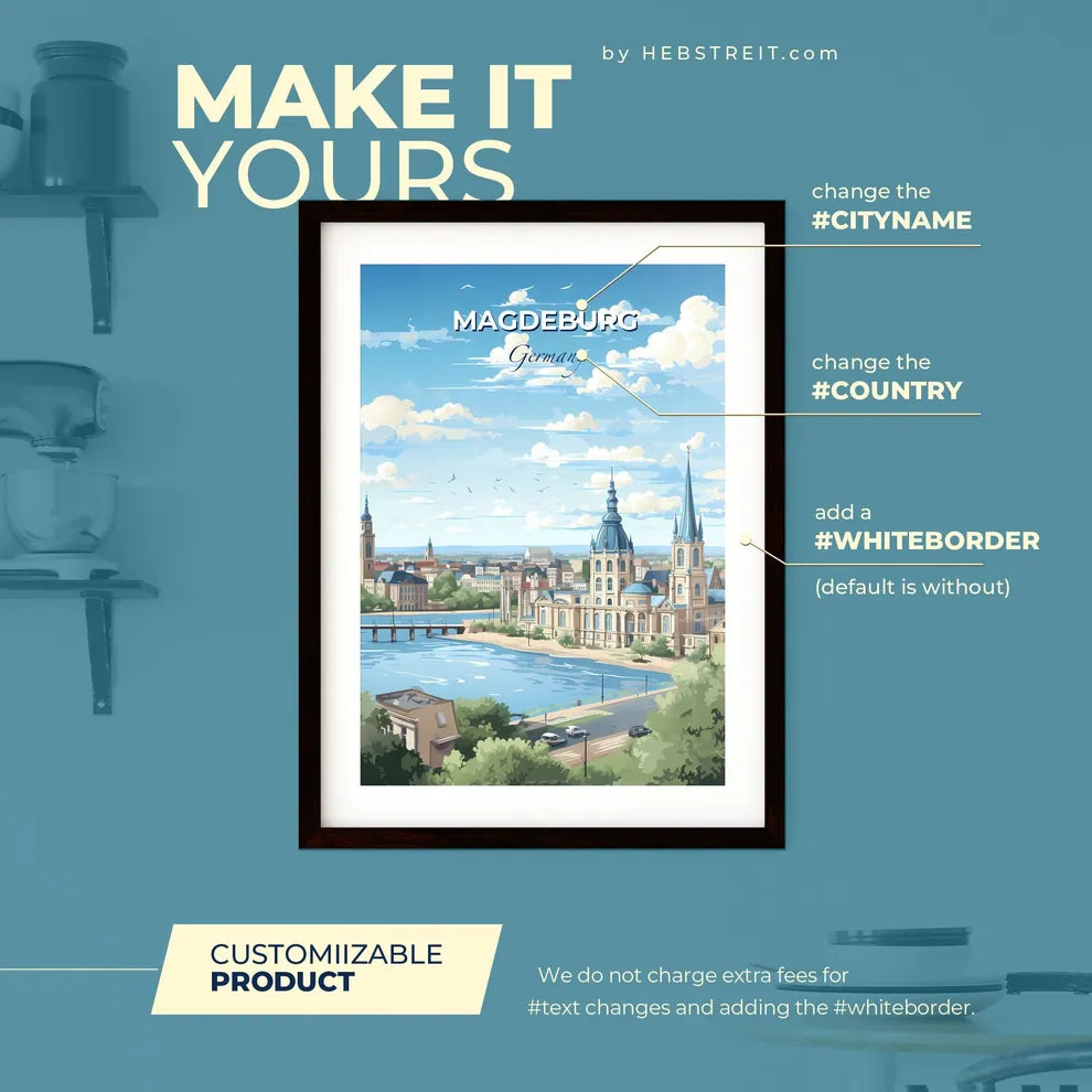 Magdeburg Germany Skyline - A City With A Bridge And Trees - Customizable Travel Gift Default Title