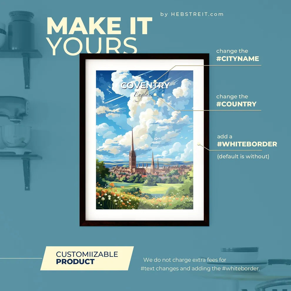 Coventry England Skyline - A Landscape Of A City With A Tall Tower And Trees - Customizable Travel Gift Default Title