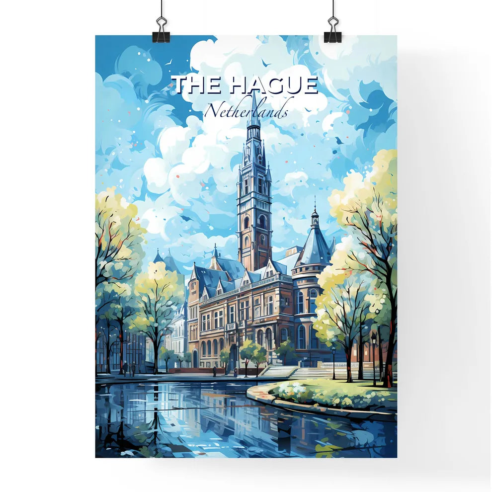 The Hague Netherlands Skyline - A Painting Of A Building With Trees And A Pond - Customizable Travel Gift Default Title