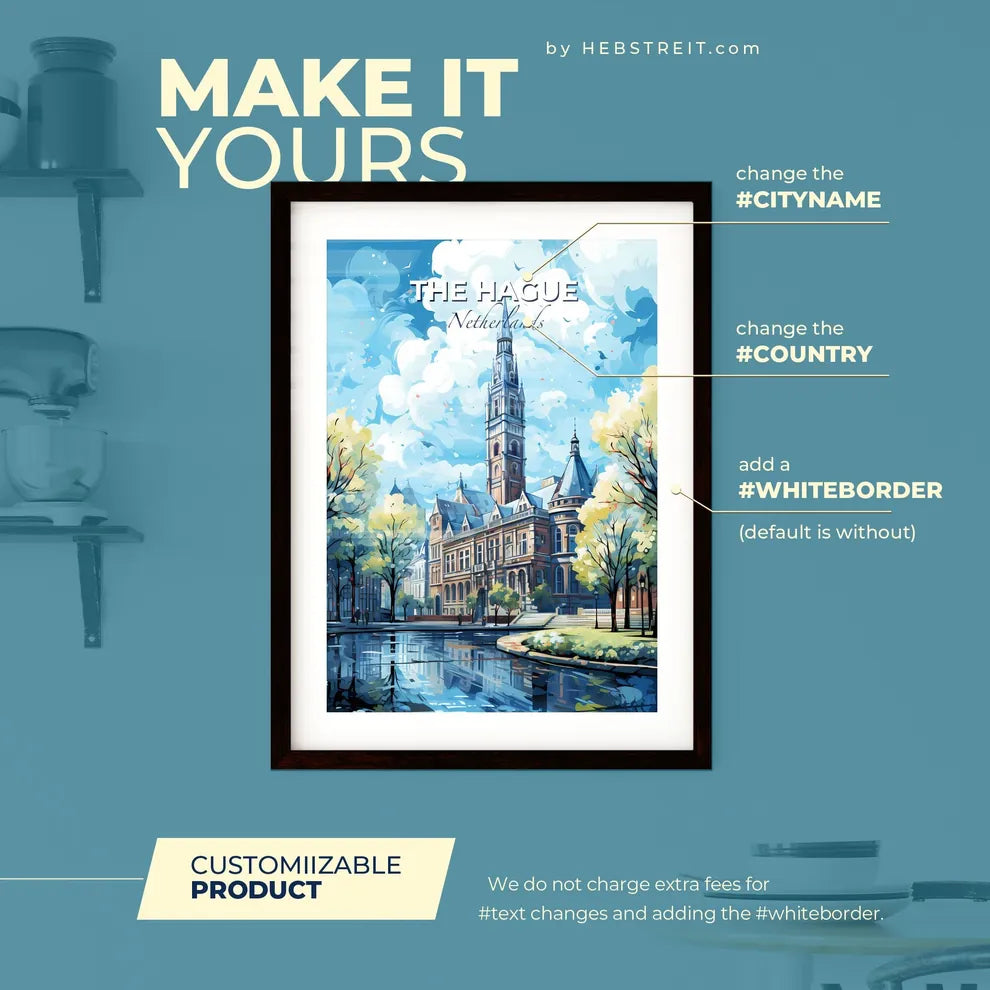 The Hague Netherlands Skyline - A Painting Of A Building With Trees And A Pond - Customizable Travel Gift Default Title