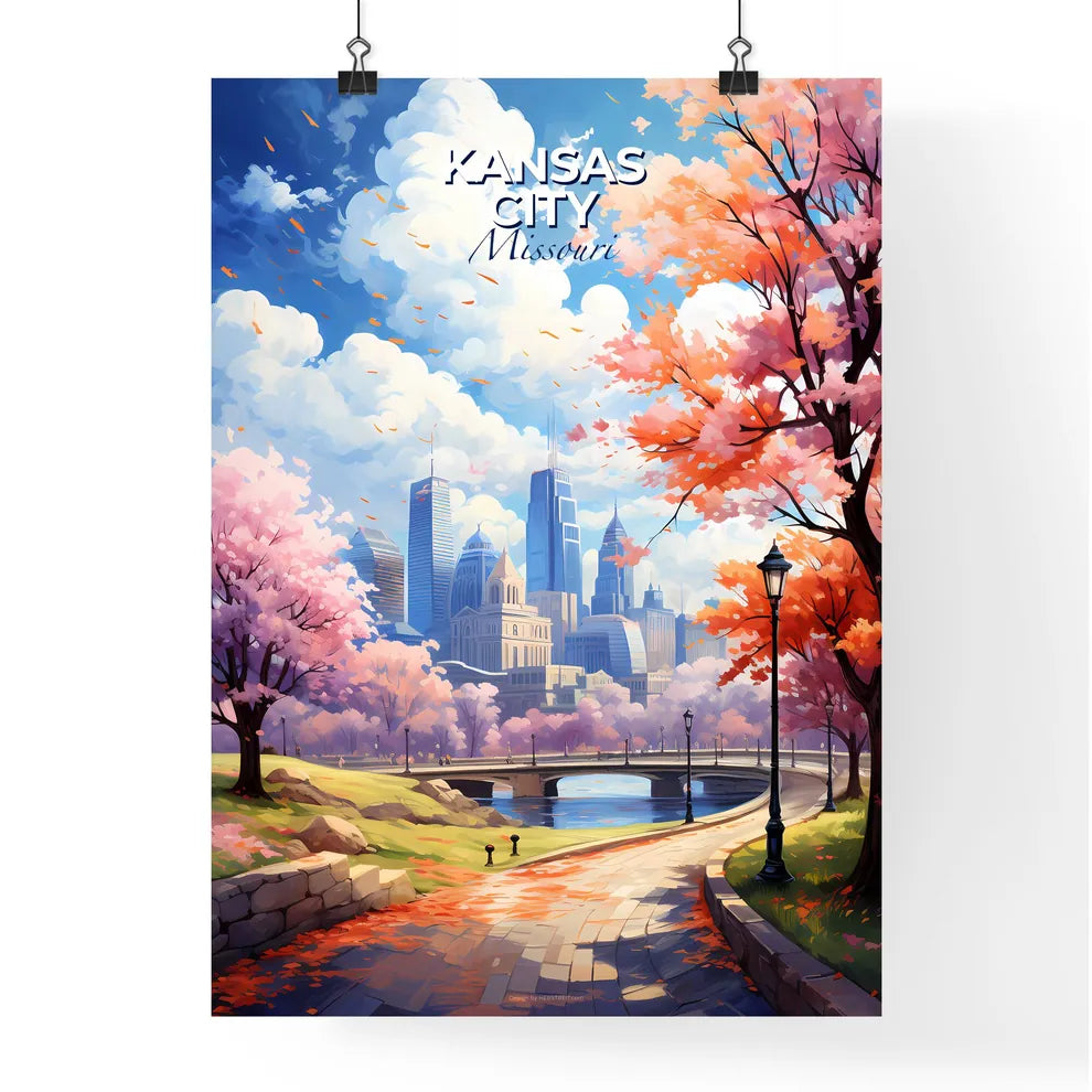 Kansas City Missouri Skyline - A Park With Pink Trees And A Bridge - Customizable Travel Gift Default Title