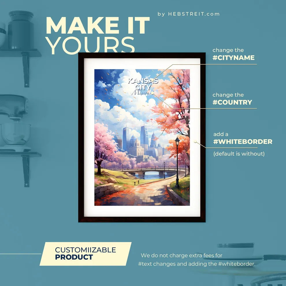 Kansas City Missouri Skyline - A Park With Pink Trees And A Bridge - Customizable Travel Gift Default Title