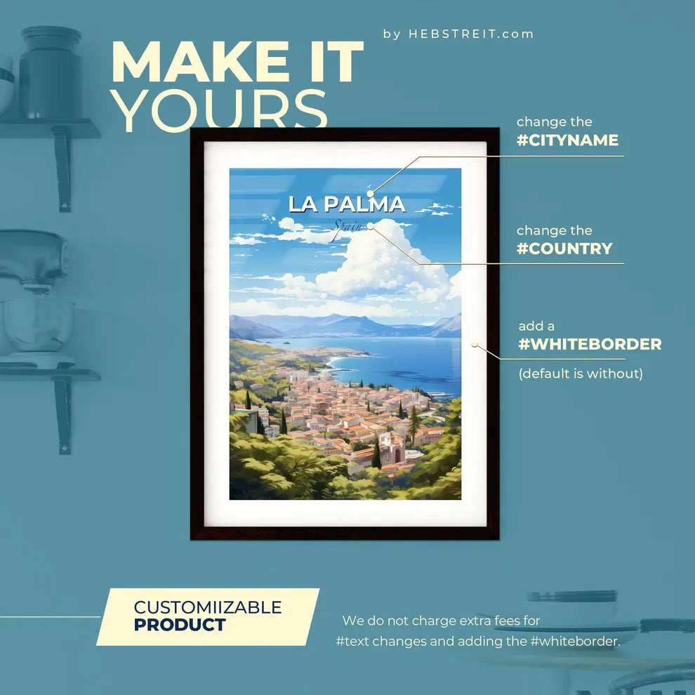 La Palma Spain Skyline - A Town On A Hill By A Body Of Water - Customizable Travel Gift Default Title