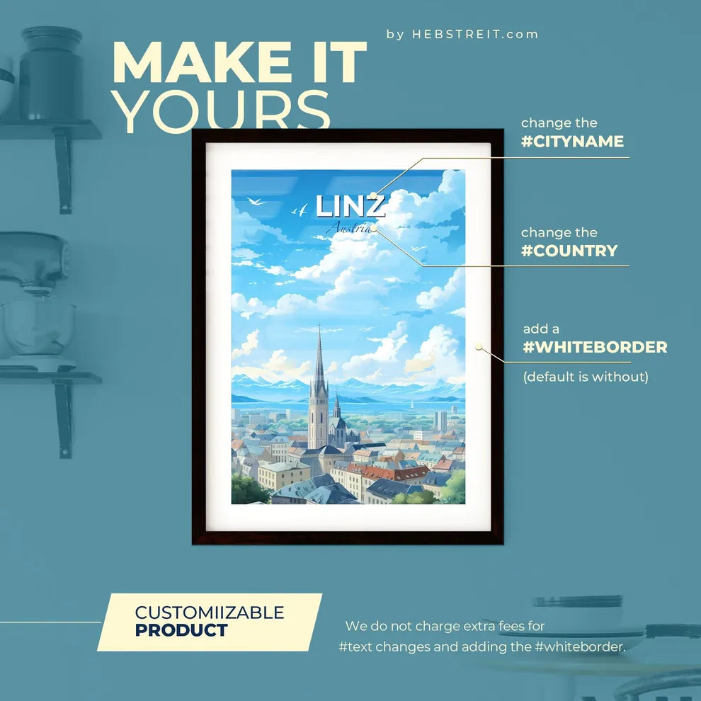 Linz Austria Skyline - A City With A Tall Tower And Mountains In The Background - Customizable Travel Gift Default Title
