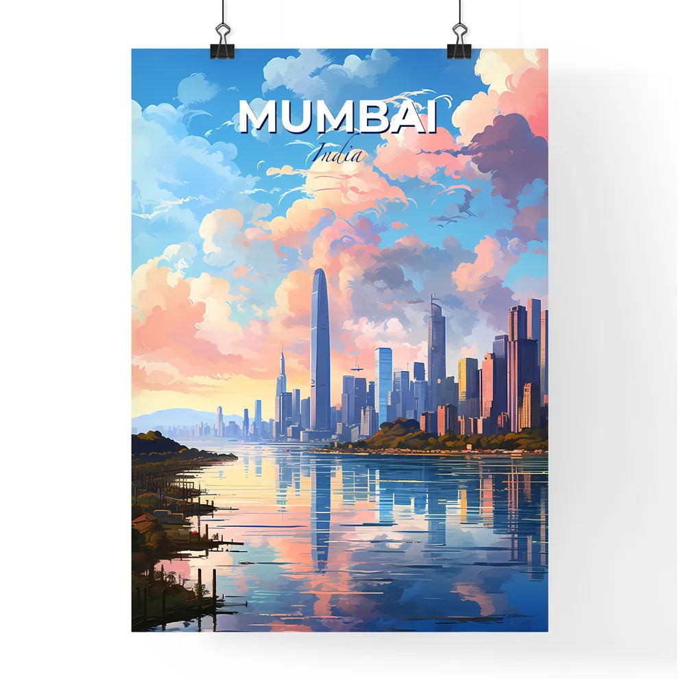 Mumbai India Skyline - A City Skyline With A Body Of Water And Pink Clouds - Customizable Travel Gift Default Title