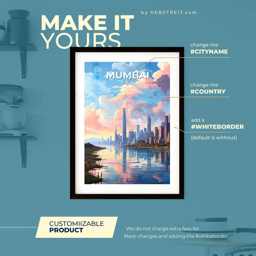 Mumbai India Skyline - A City Skyline With A Body Of Water And Pink Clouds - Customizable Travel Gift Default Title