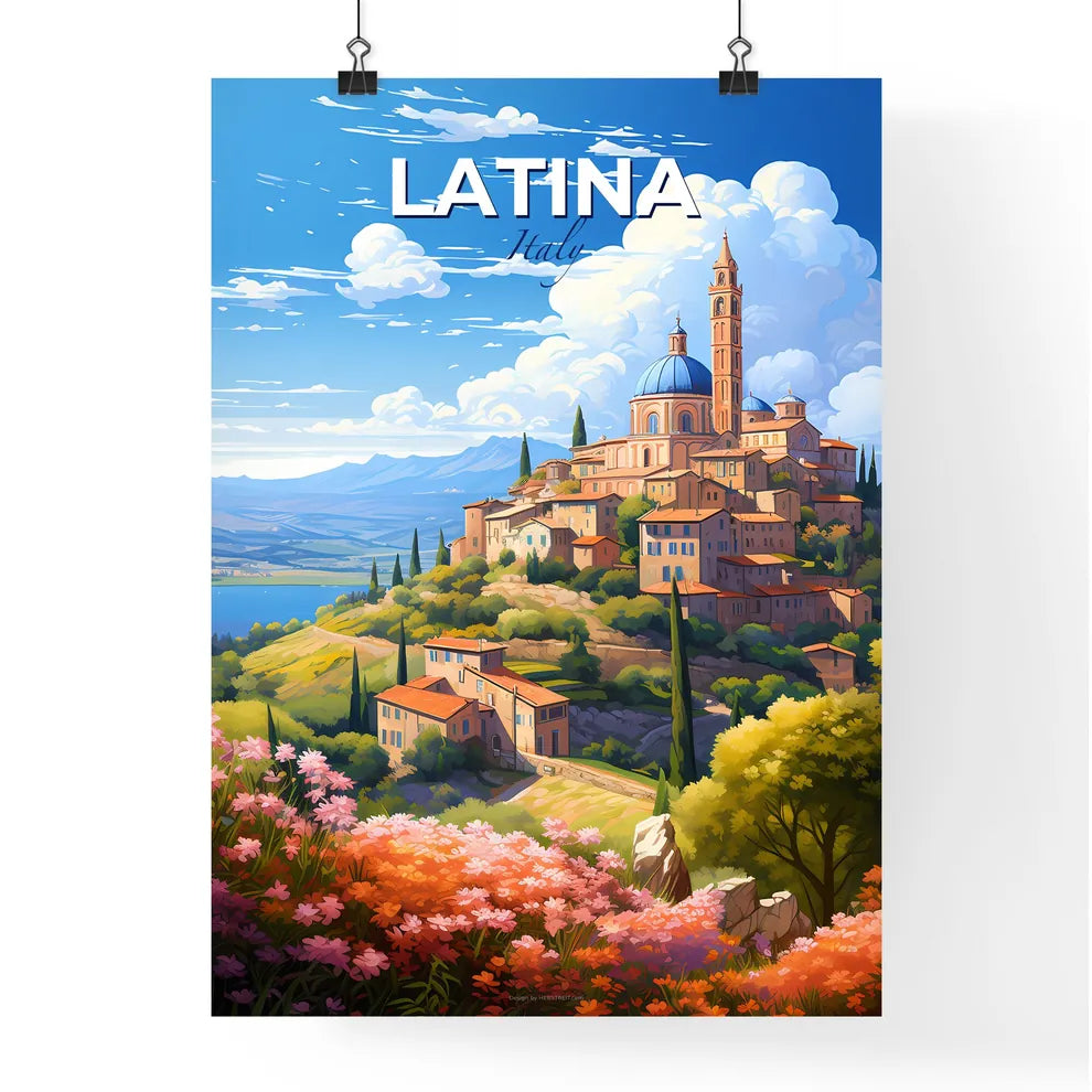 Latina Italy Skyline - A Painting Of A Town On A Hill With Trees And Flowers - Customizable Travel Gift Default Title