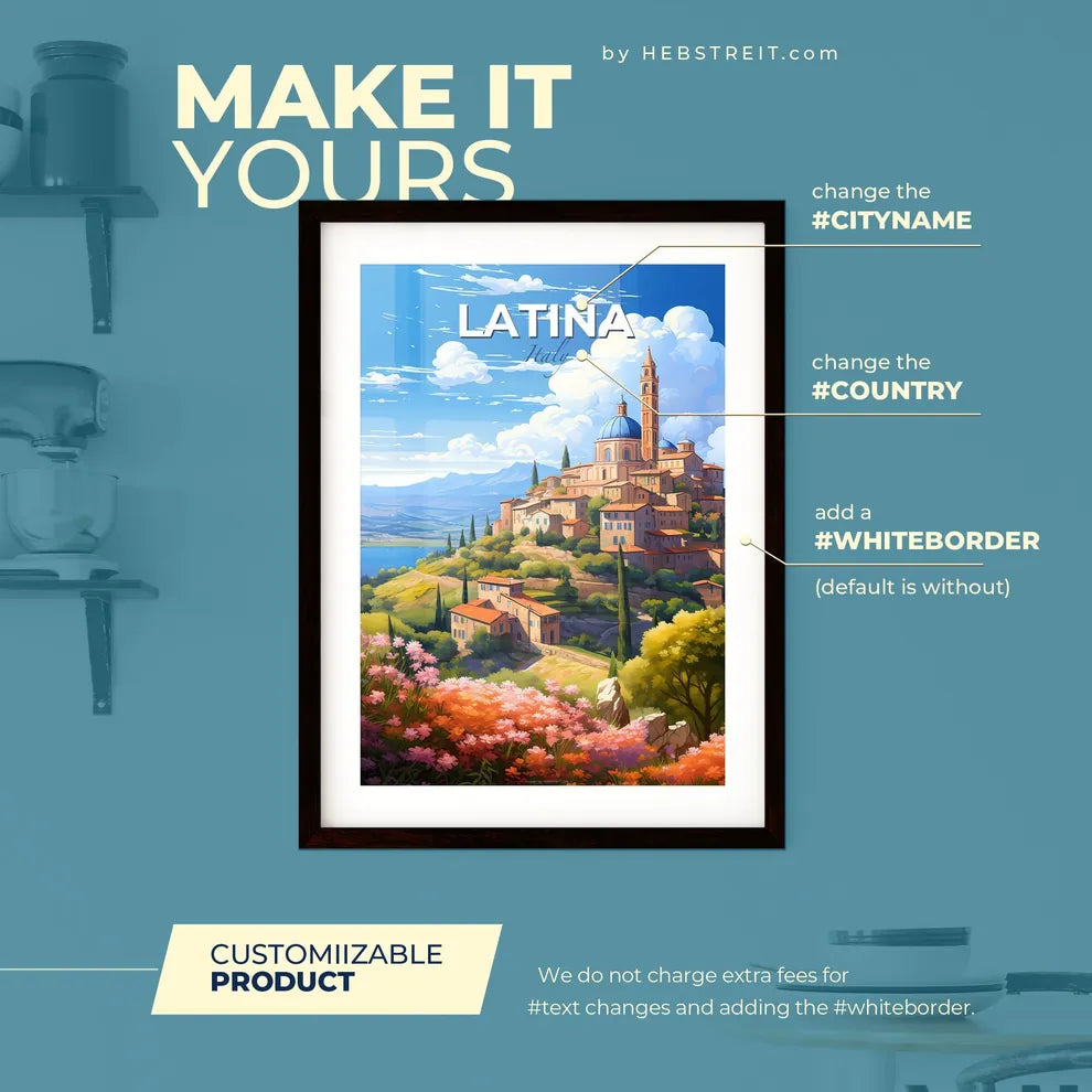 Latina Italy Skyline - A Painting Of A Town On A Hill With Trees And Flowers - Customizable Travel Gift Default Title