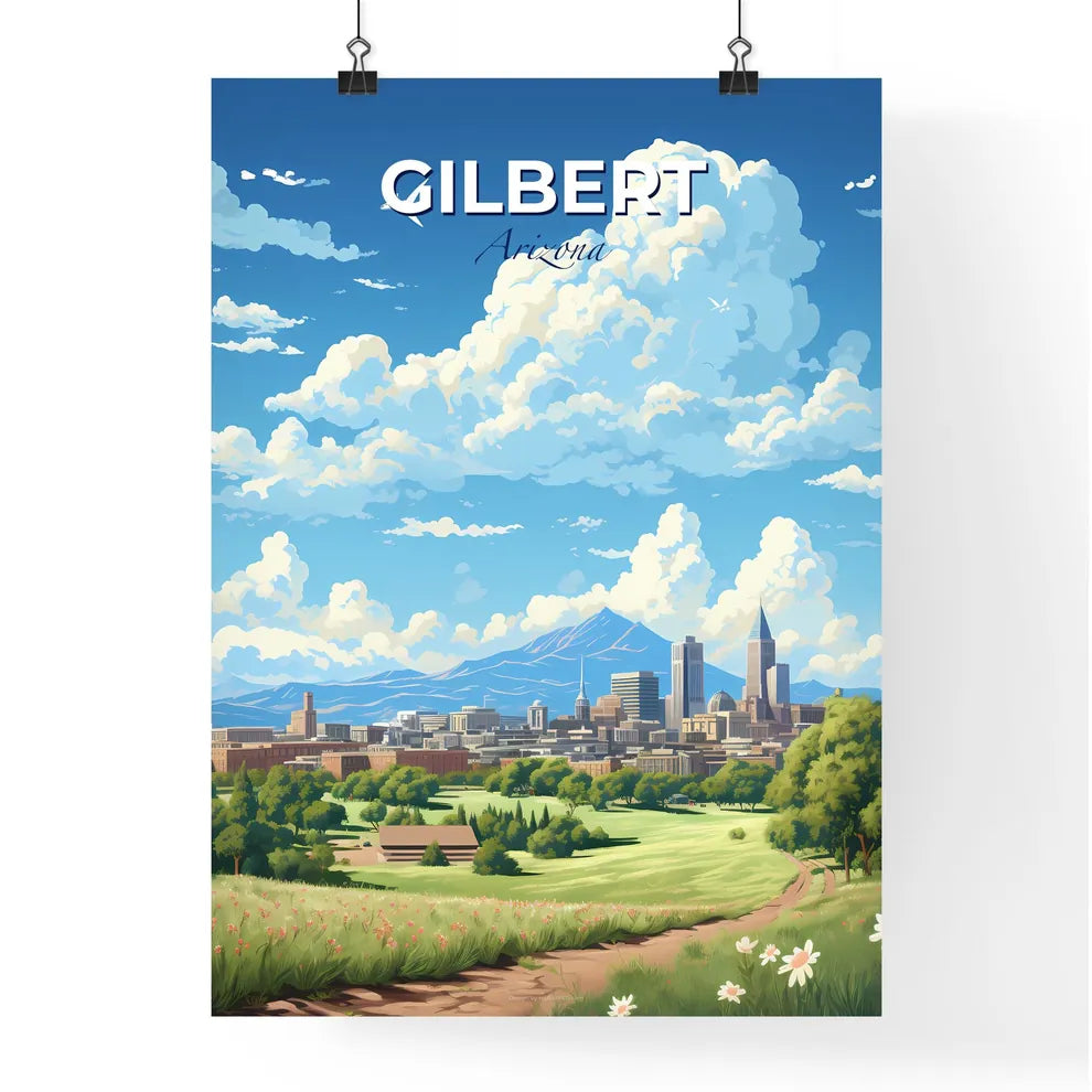 Gilbert Arizona Skyline - A Landscape Of A City With Trees And Mountains In The Background - Customizable Travel Gift Default Title