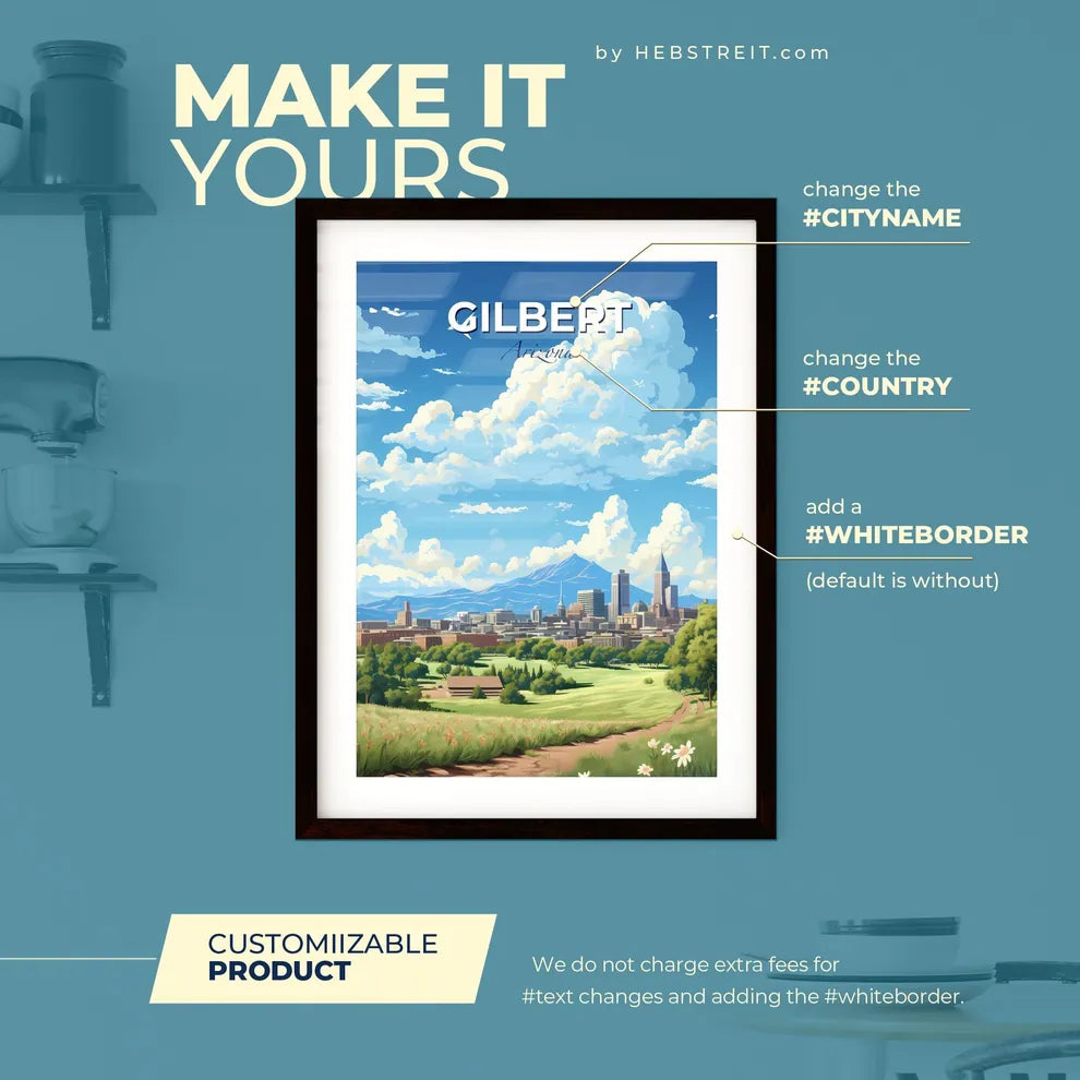 Gilbert Arizona Skyline - A Landscape Of A City With Trees And Mountains In The Background - Customizable Travel Gift Default Title