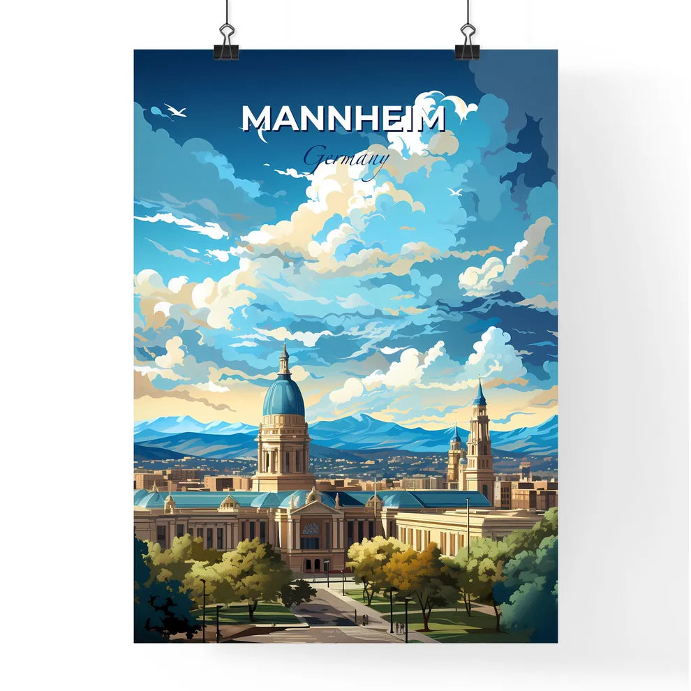 Mannheim Germany Skyline - A Large Building With A Blue Dome And Mountains In The Background - Customizable Travel Gift Default Title
