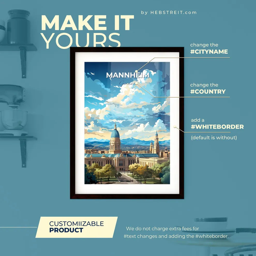 Mannheim Germany Skyline - A Large Building With A Blue Dome And Mountains In The Background - Customizable Travel Gift Default Title