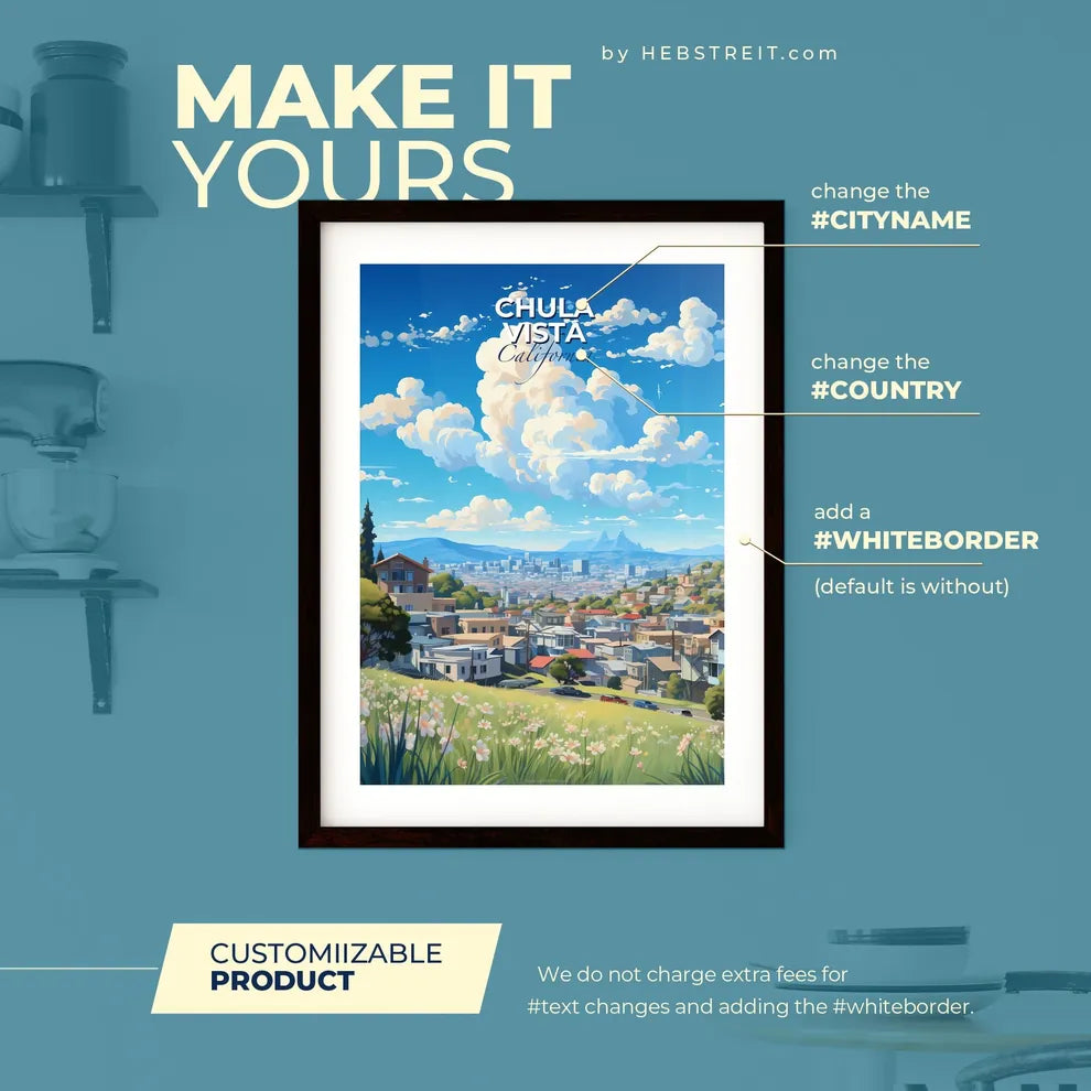 Chula Vista California Skyline - A Landscape Of A City With A Hill And Flowers - Customizable Travel Gift Default Title