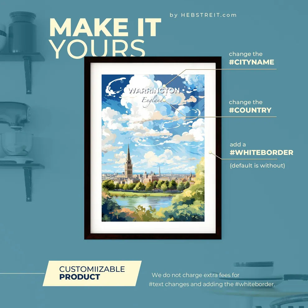 Warrington England Skyline - A Landscape Of A City With A Lake And Trees - Customizable Travel Gift Default Title