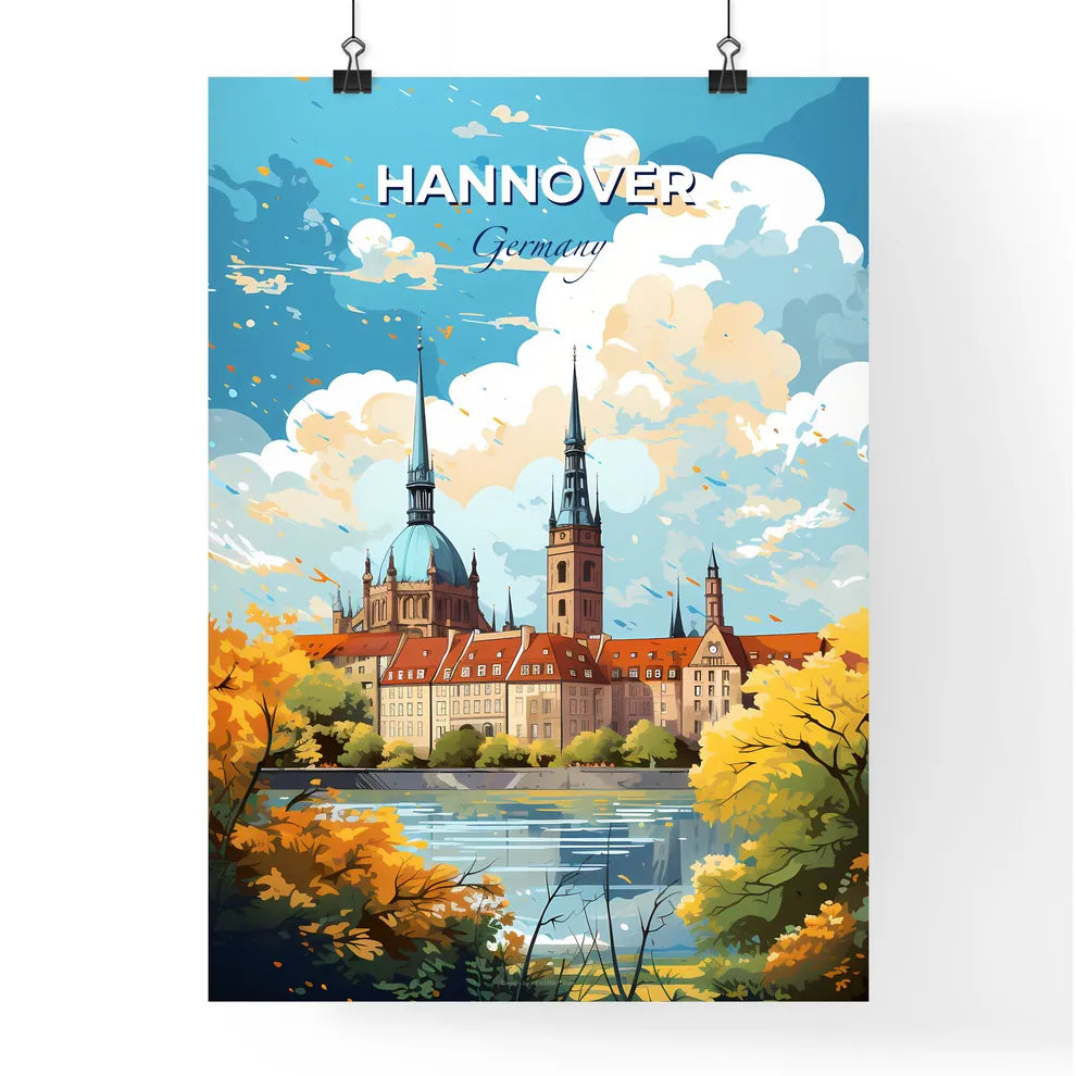 Hannover Germany Skyline - A Building With Towers And Trees By Water - Customizable Travel Gift Default Title