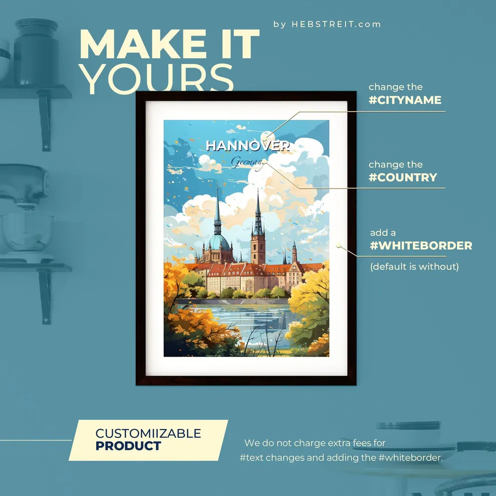 Hannover Germany Skyline - A Building With Towers And Trees By Water - Customizable Travel Gift Default Title