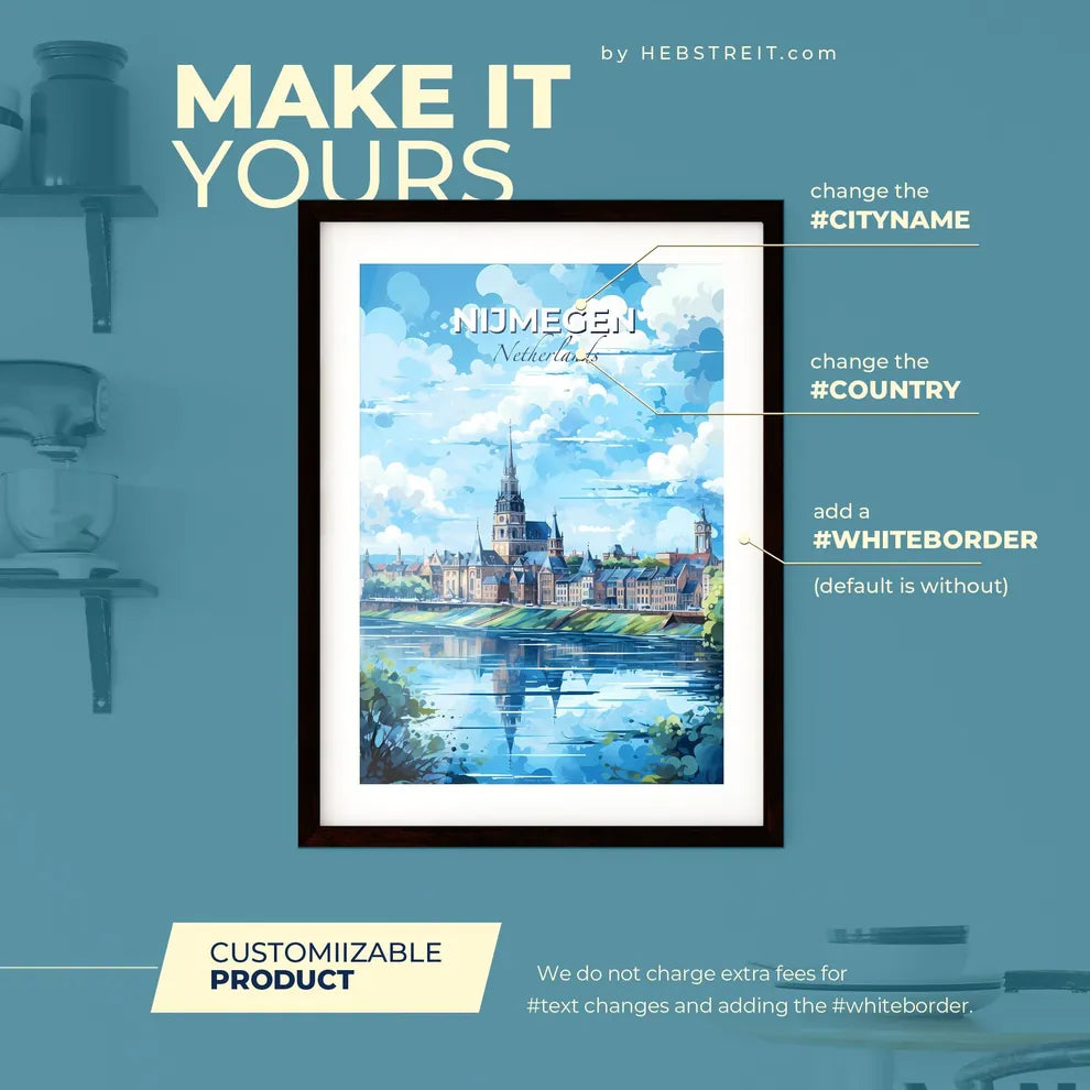 Nijmegen Netherlands Skyline - A Water Body With Buildings And Trees - Customizable Travel Gift Default Title