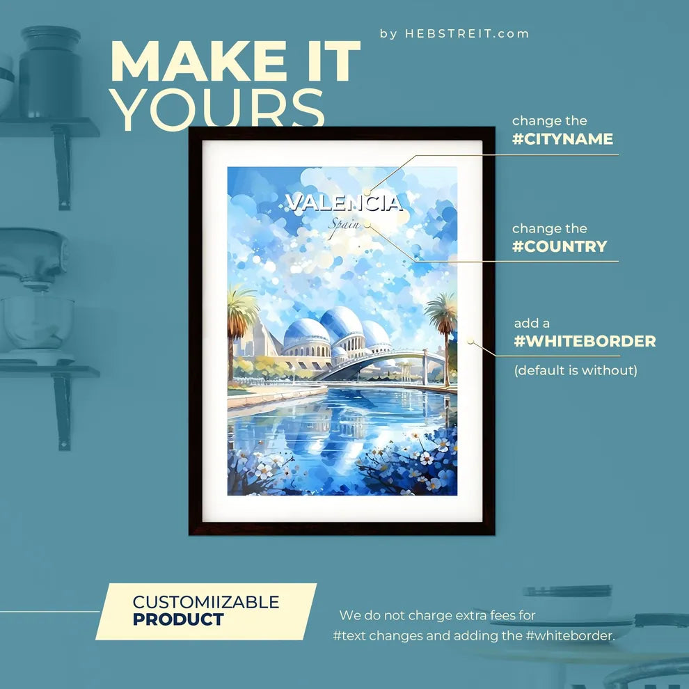 Valencia Spain Skyline - A Water And A Bridge With A Bridge And A Building With Domes - Customizable Travel Gift Default Title