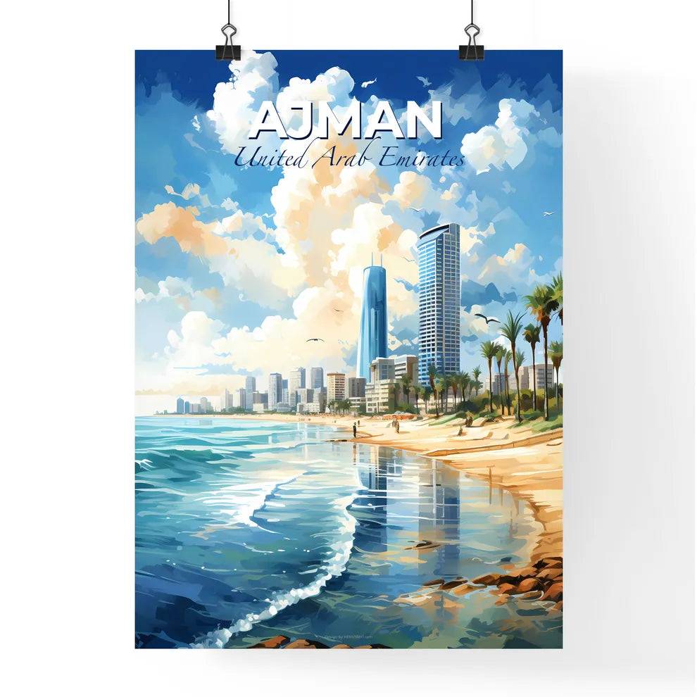Ajman United Arab Emirates Skyline - A Beach With Tall Buildings And Palm Trees - Customizable Travel Gift Default Title