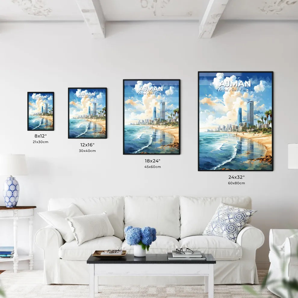 Ajman United Arab Emirates Skyline - A Beach With Tall Buildings And Palm Trees - Customizable Travel Gift Default Title