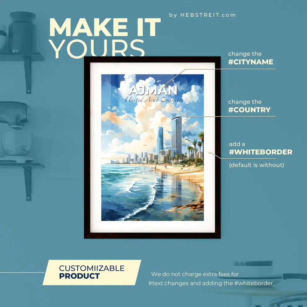 Ajman United Arab Emirates Skyline - A Beach With Tall Buildings And Palm Trees - Customizable Travel Gift Default Title