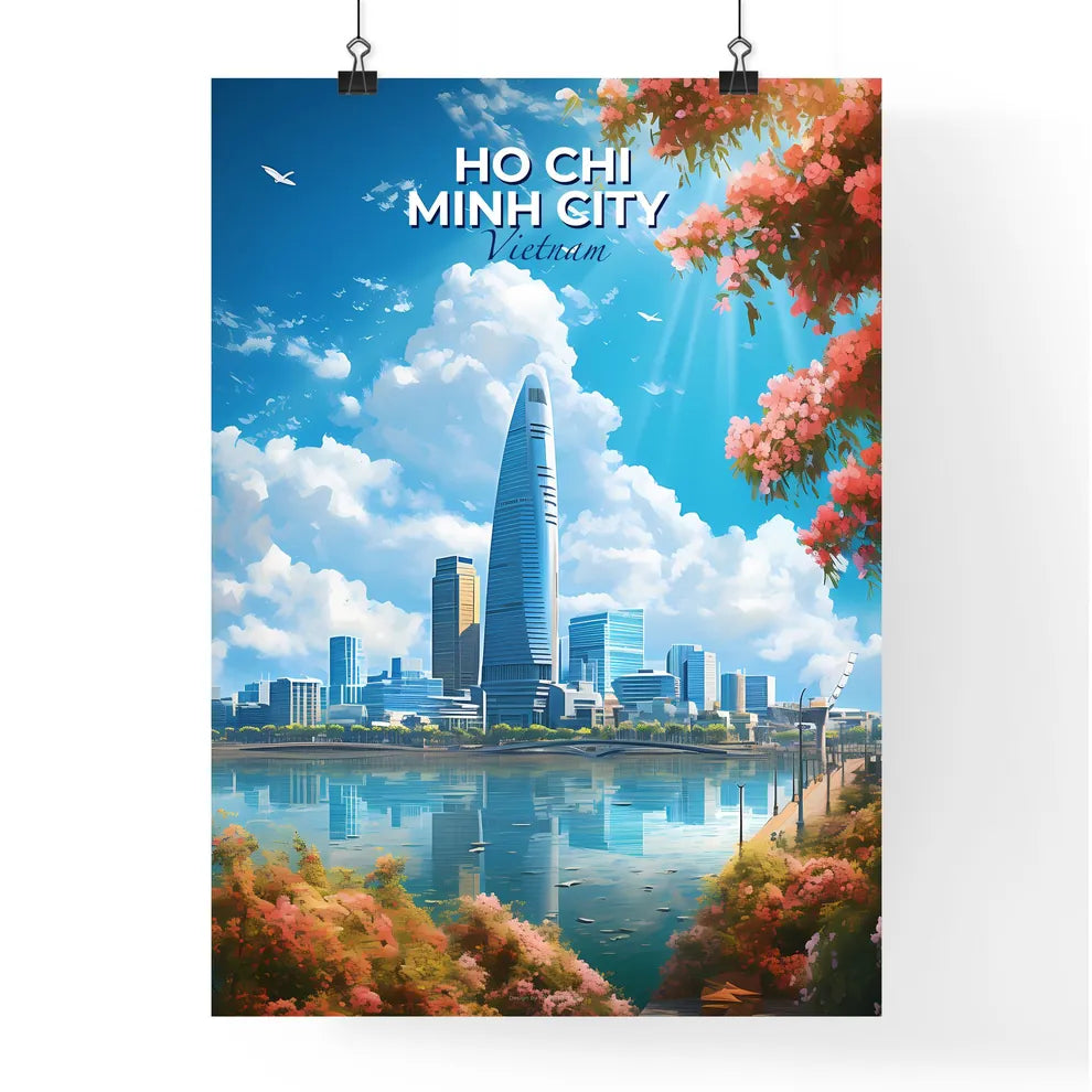 Ho Chi Minh City Vietnam Skyline - A City Skyline With A Body Of Water And Pink Flowers - Customizable Travel Gift Default Title