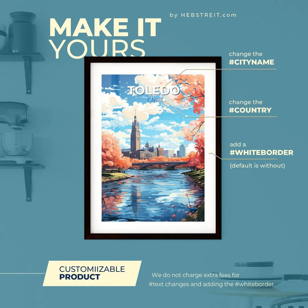 Toledo Ohio Skyline - A River With A Bridge And Trees And A City In The Background - Customizable Travel Gift Default Title