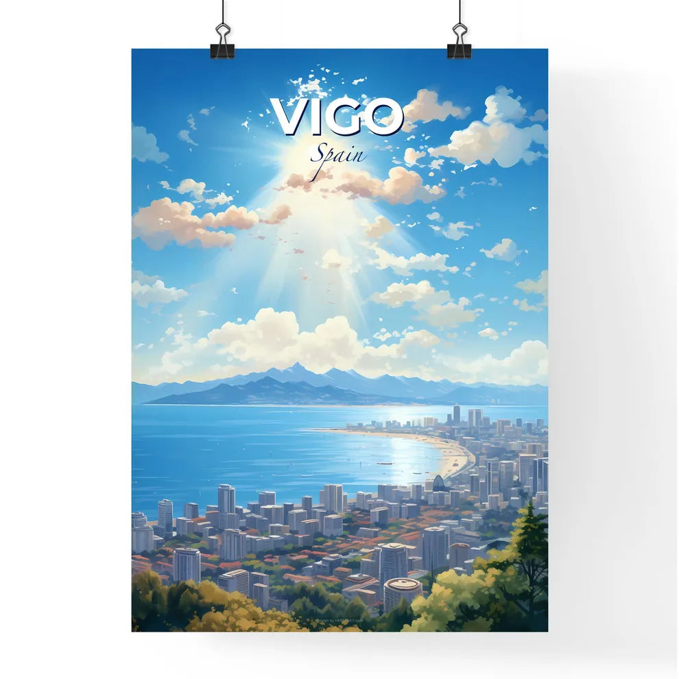 Vigo Spain Skyline - A Cityscape With A Beach And Mountains In The Background - Customizable Travel Gift Default Title