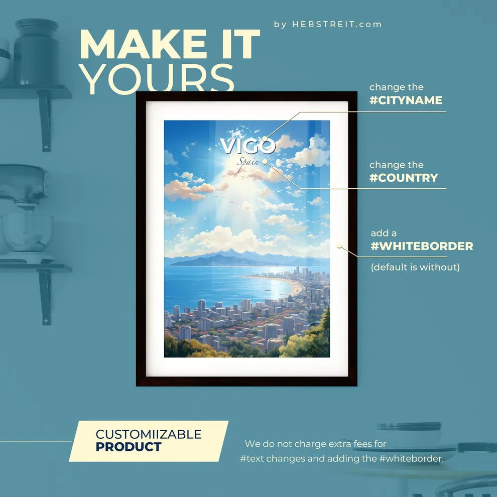 Vigo Spain Skyline - A Cityscape With A Beach And Mountains In The Background - Customizable Travel Gift Default Title