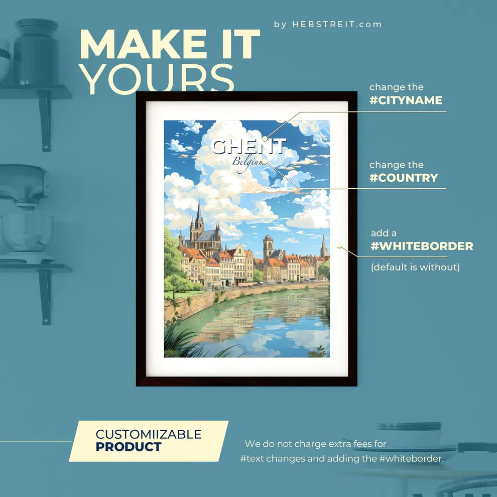 Ghent Belgium Skyline - A River With Trees And Buildings - Customizable Travel Gift Default Title