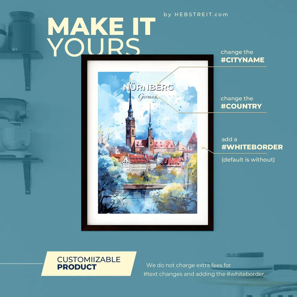 Nurnberg Germany Skyline - A Painting Of A Town With A Tower And Trees - Customizable Travel Gift Default Title