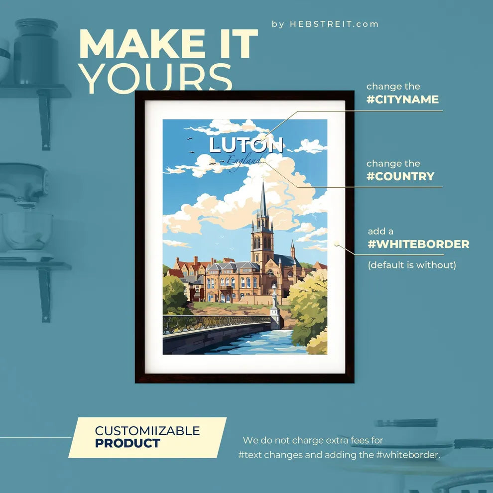 Luton England Skyline - A Church With A Bridge And Trees - Customizable Travel Gift Default Title