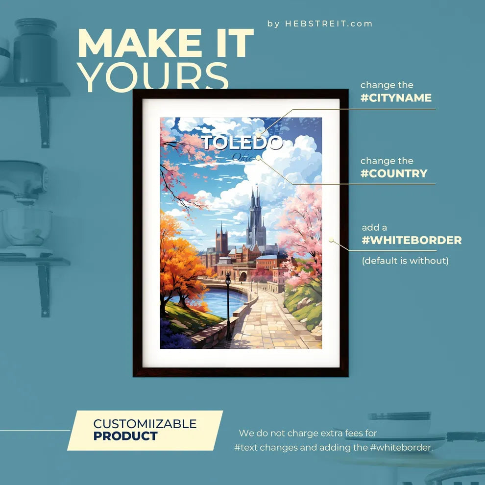 Toledo Ohio Skyline - A River With Trees And A Bridge In The Background - Customizable Travel Gift Default Title