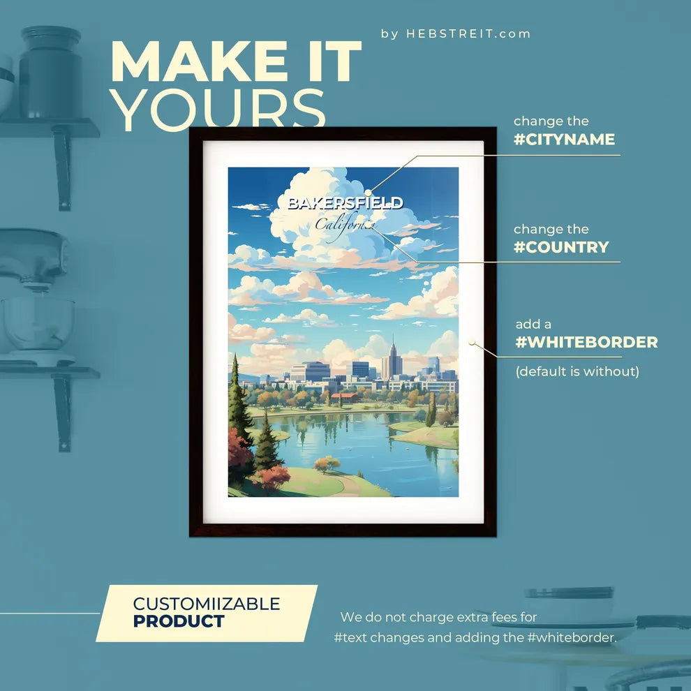 Bakersfield California Skyline - A City By A Lake - Customizable Travel Gift Default Title