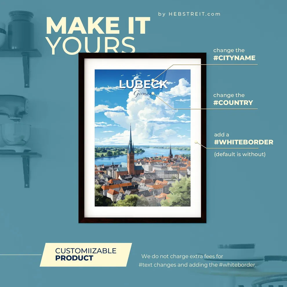 Lubeck Germany Skyline - A City With A Tower And A River - Customizable Travel Gift Default Title