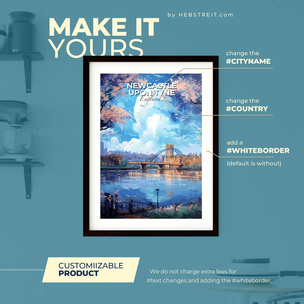 Newcastle upon Tyne England Skyline - A Bridge Over A River With Trees And A City In The Background - Customizable Travel Gift Default Title