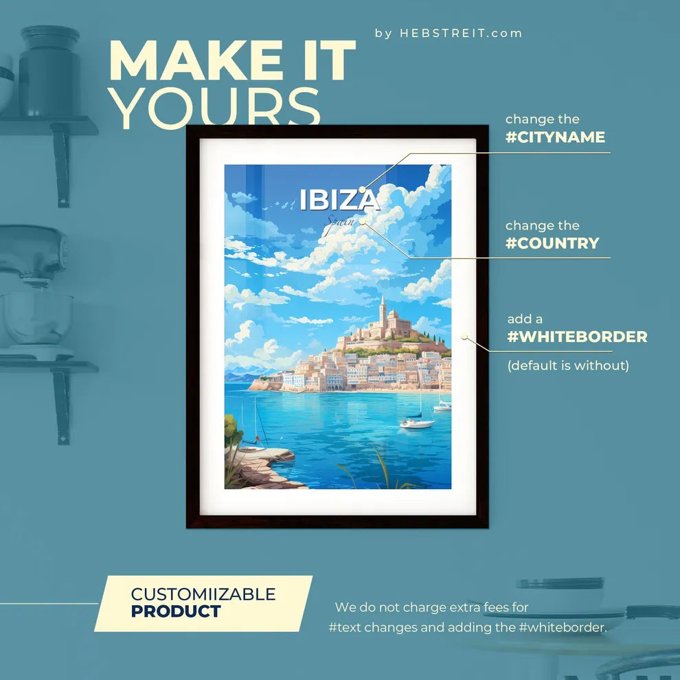 Ibiza Spain Skyline - A City On A Hill With Boats On The Water - Customizable Travel Gift Default Title