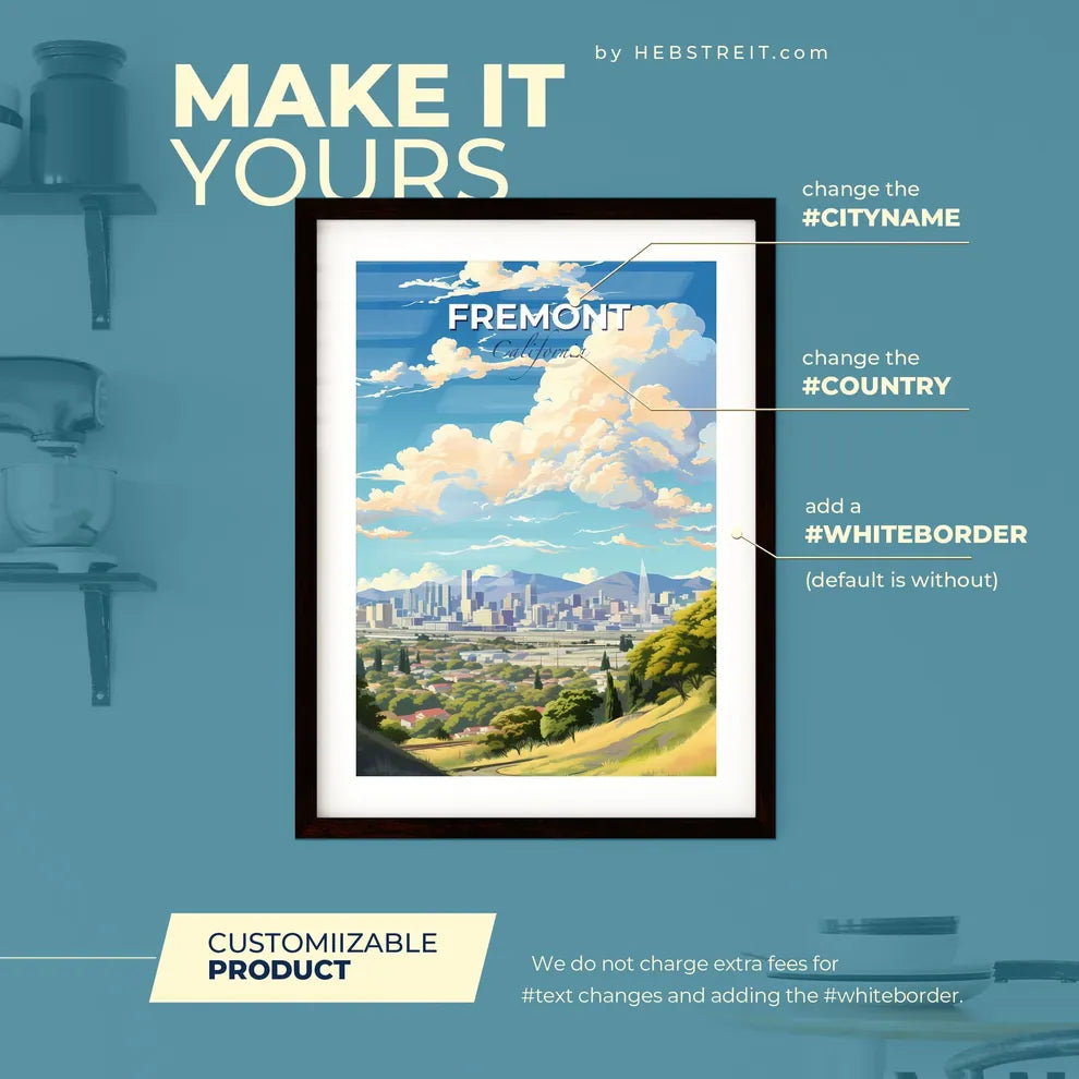 Fremont California Skyline - A Landscape Of A City With Trees And Mountains - Customizable Travel Gift Default Title