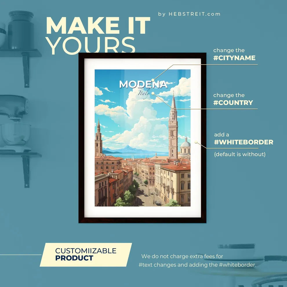 Modena Italy Skyline - A City With A Tall Tower And A Street With Buildings And A Body Of Water - Customizable Travel Gift Default Title