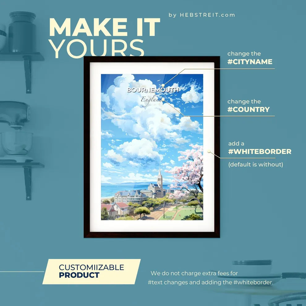 Bournemouth England Skyline - A Landscape Of A City With A Body Of Water And Trees - Customizable Travel Gift Default Title