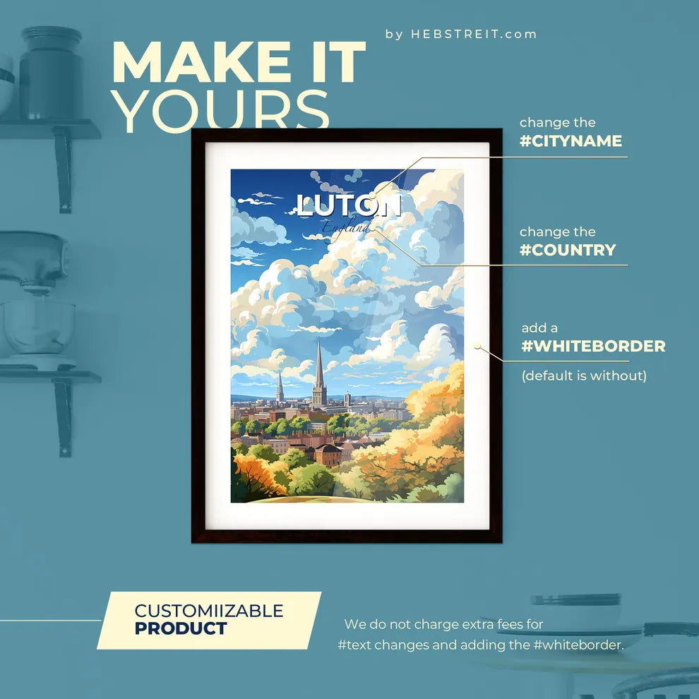 Luton England Skyline - A City Landscape With Trees And Clouds - Customizable Travel Gift Default Title