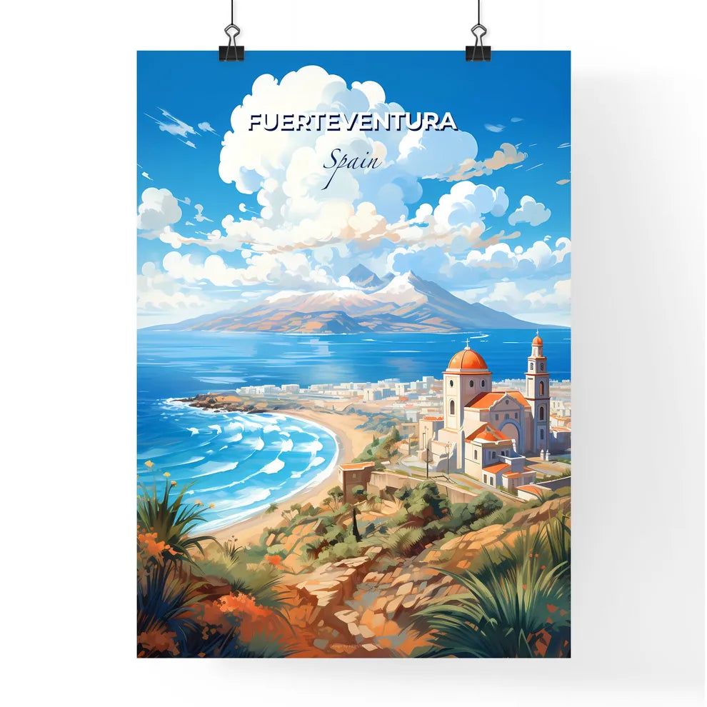 Fuerteventura Spain Skyline - A Beach With A Building And A Mountain In The Background - Customizable Travel Gift Default Title