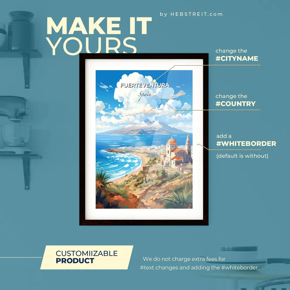 Fuerteventura Spain Skyline - A Beach With A Building And A Mountain In The Background - Customizable Travel Gift Default Title