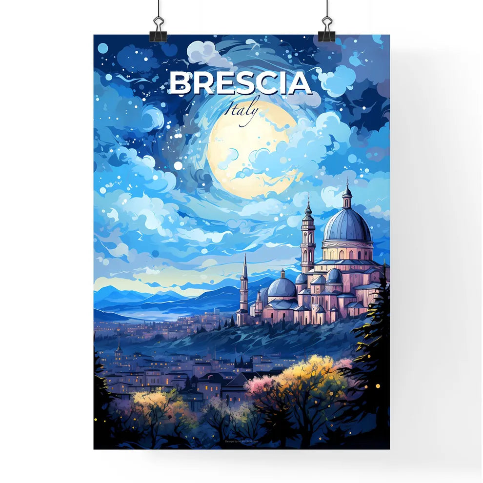Brescia Italy Skyline - A Large Building With Towers And Domes On A Hill With A Full Moon In The Sky - Customizable Travel Gift Default Title