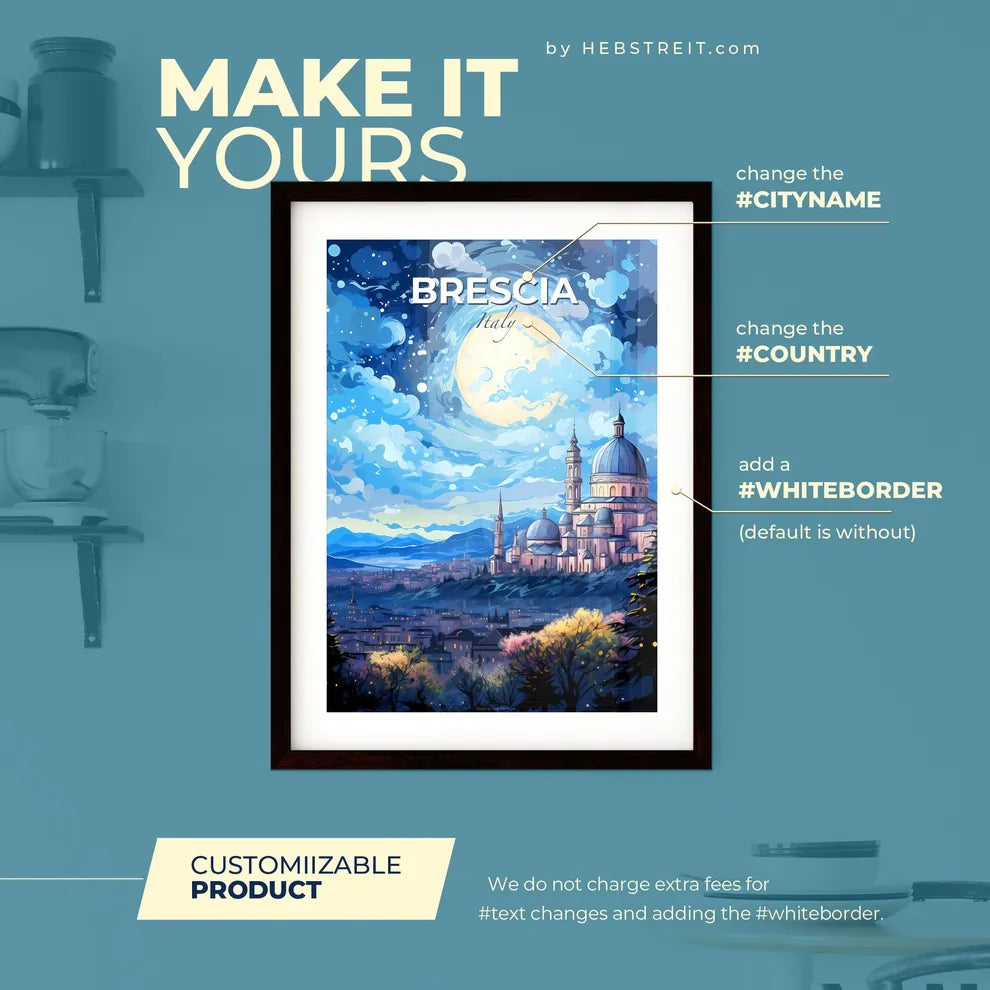 Brescia Italy Skyline - A Large Building With Towers And Domes On A Hill With A Full Moon In The Sky - Customizable Travel Gift Default Title