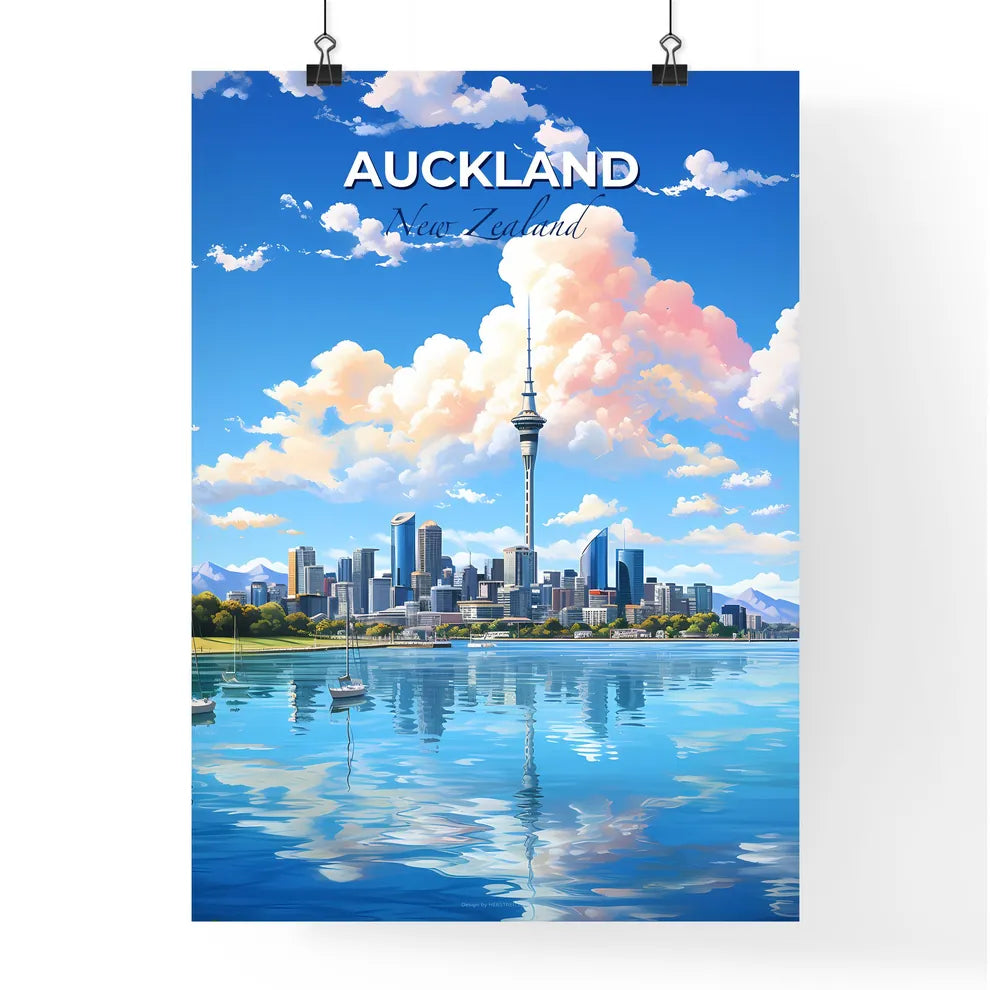 Auckland New Zealand Skyline - A City Skyline With Boats On Water And Mountains In The Background - Customizable Travel Gift Default Title