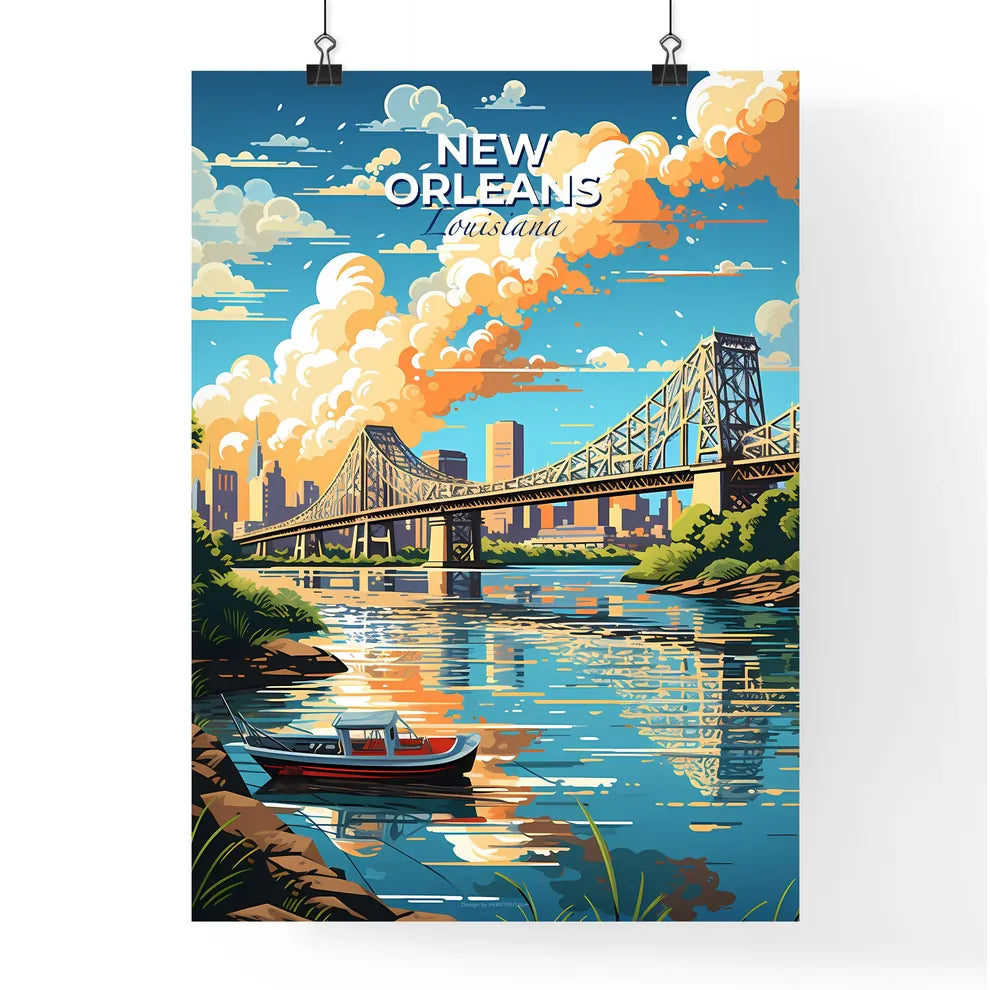 New Orleans Louisiana Skyline - A Bridge Over A River With A Boat In The Foreground - Customizable Travel Gift Default Title